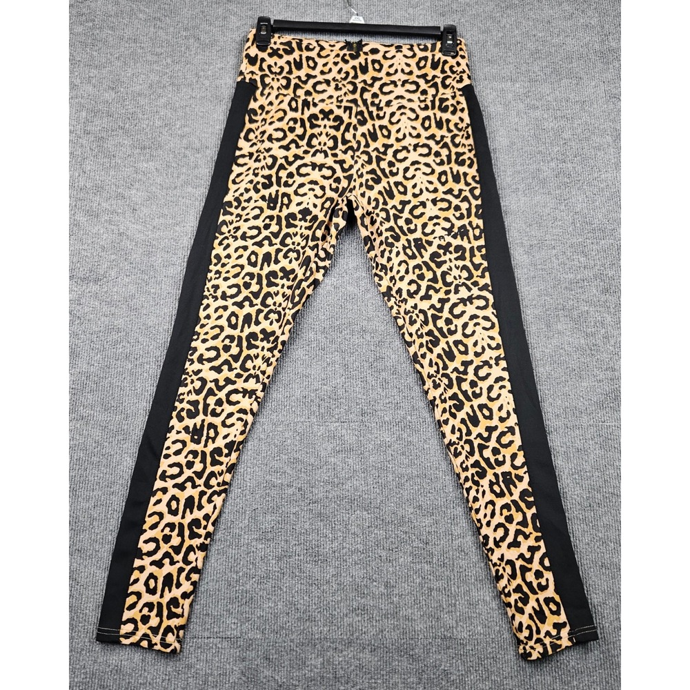 Nicki Minaj Collection Leopard Print Leggings Black Side Stripe Gold Zip Sz 2